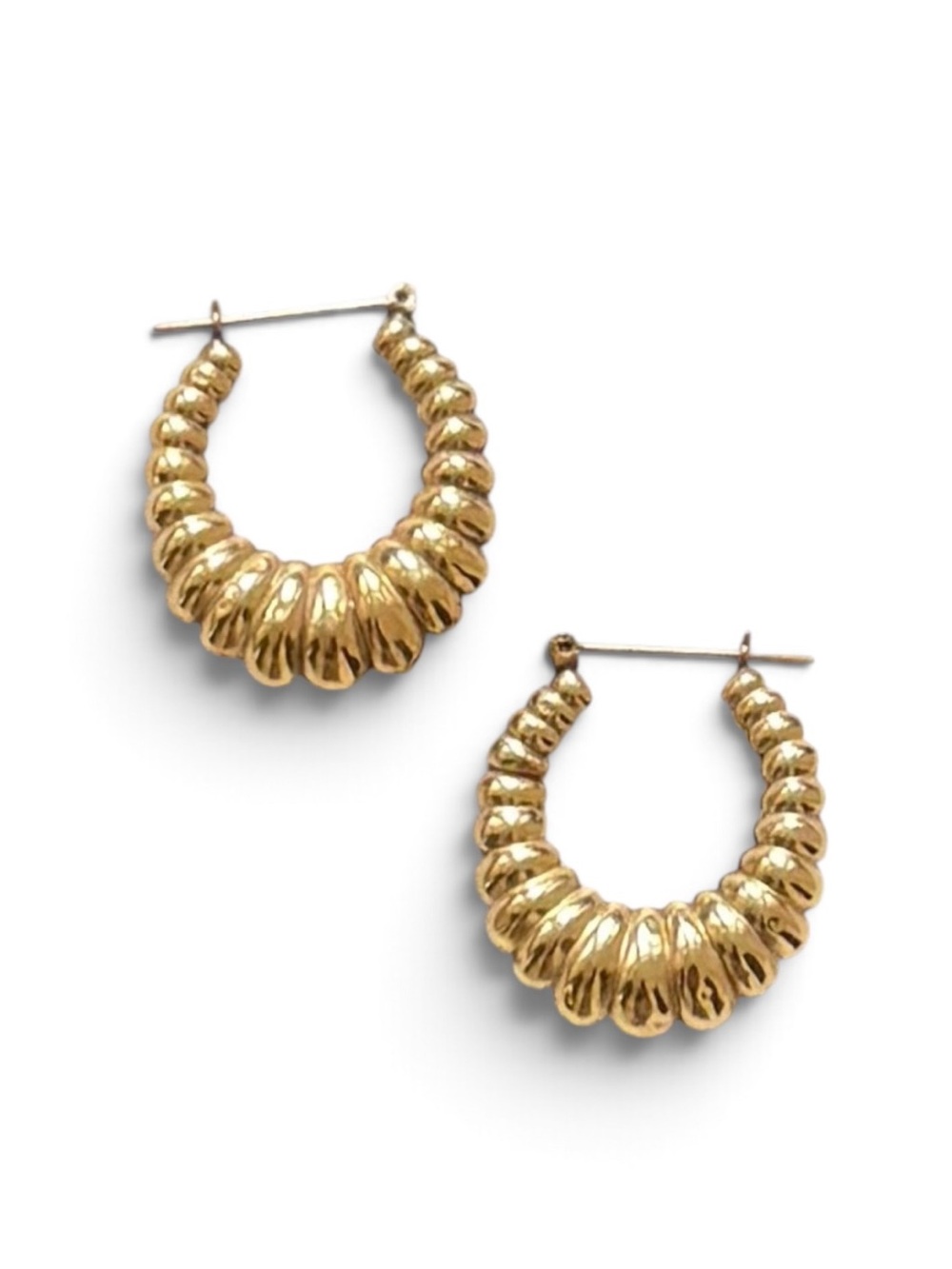 Vintage 14K Yellow Gold Puffy Shrimp Hoop Earrings 30mm Croissant Ribbed
